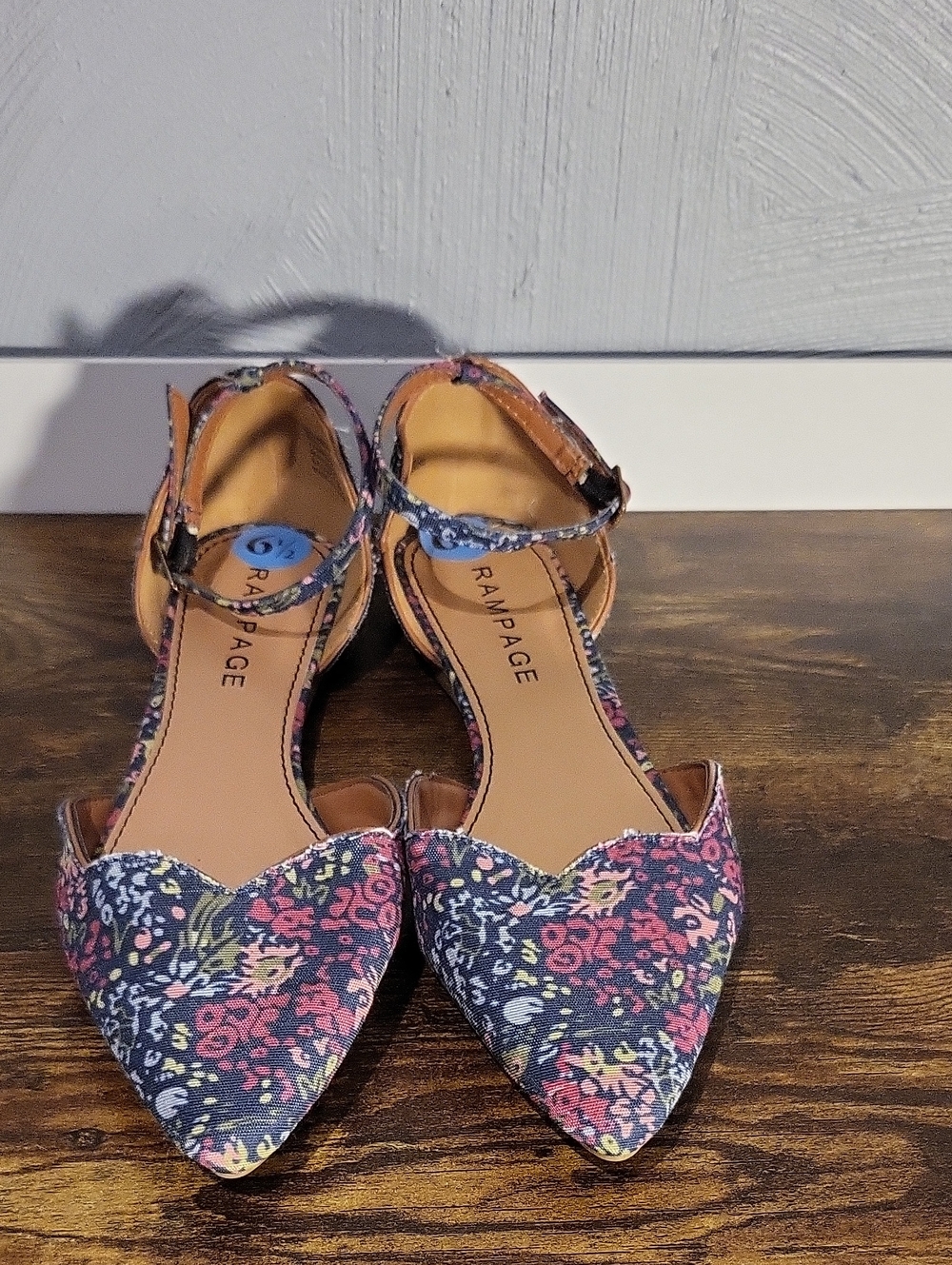 Rampage floral pointy-toe d'Orsay flats featuring a vibrant blue and pink botani